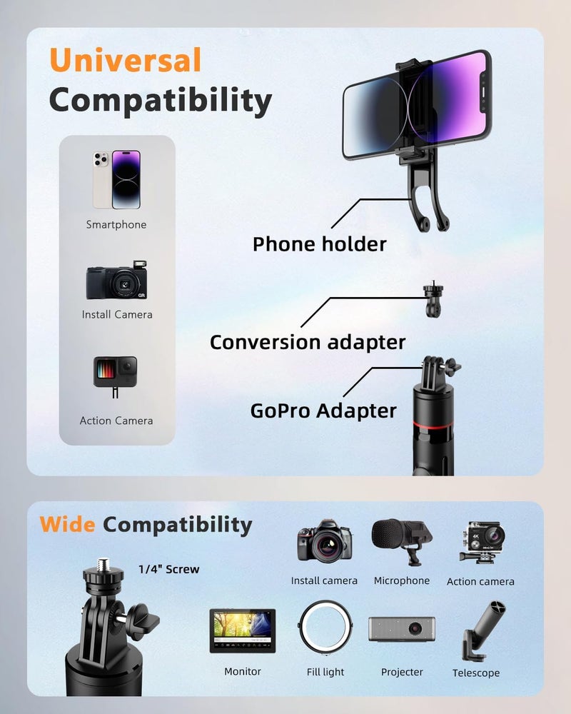 Kingjoy 67" Camera Tripod & Phone Selfie Stick, Lightweight Portable Travel Tripod Stand with Wireless Remote, Auto Pop Open Tripod,Compatible with Phone/iPhone/Camera for Photography & Vlogging - Image 5